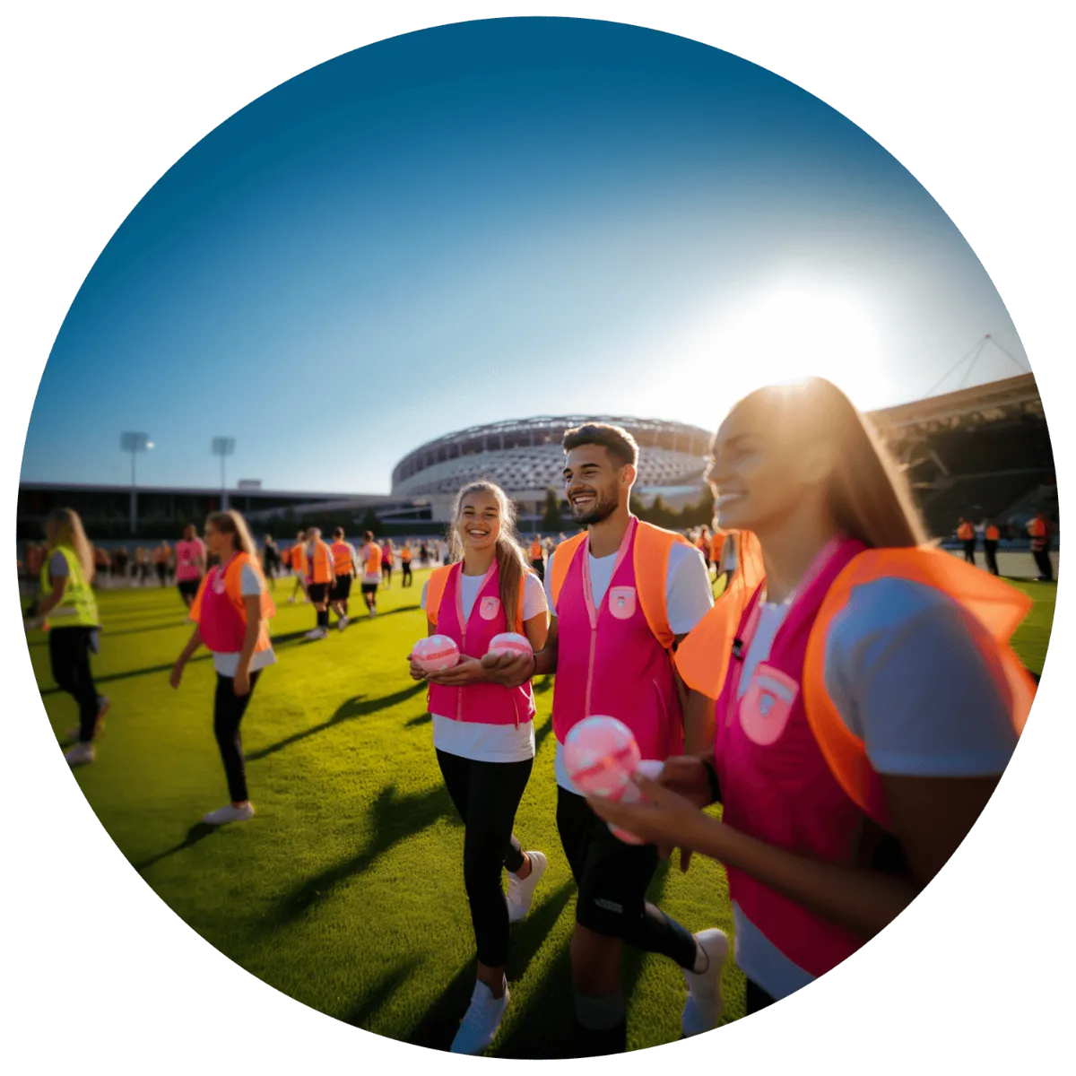 Promotion-Team in pinken Westen auf dem Rasen vor einem Stadion